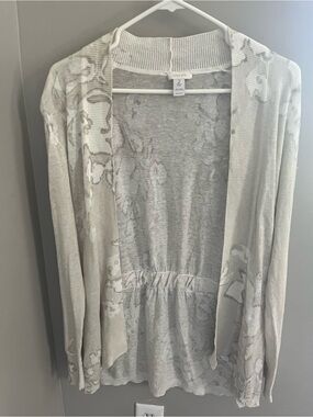 Chico's Light Gray Floral Open Cardigan Sweater sz 2